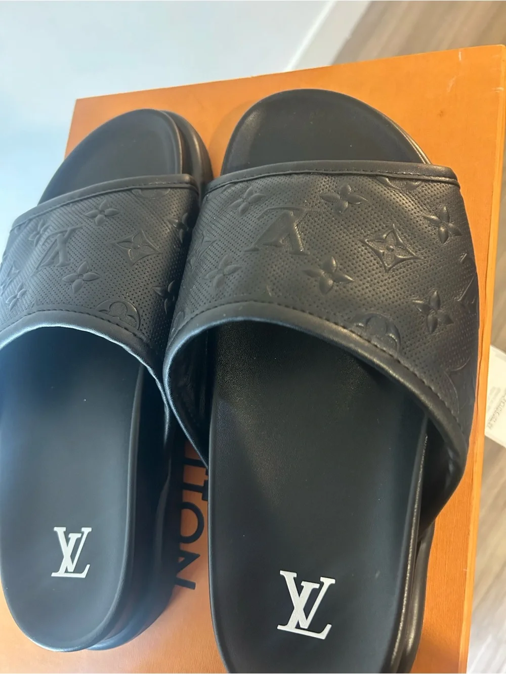 Louis Vuitton Black Embossed Monogram Slide Sandals